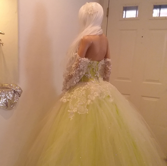 "FAUNA" Ivory & Green Lace Wedding Ballgown Set - Picture 7 of 12